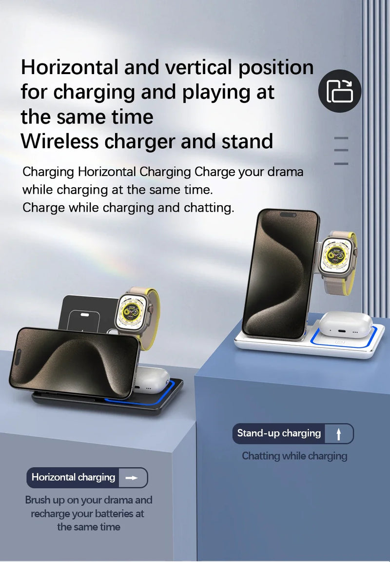 Power Charger - Estação Carregado 3 em 1 Wirelles 15W - Rápida Carga Para Iphone 15 14 13 12 Pro Max Apple Watch 8 7 Airpods